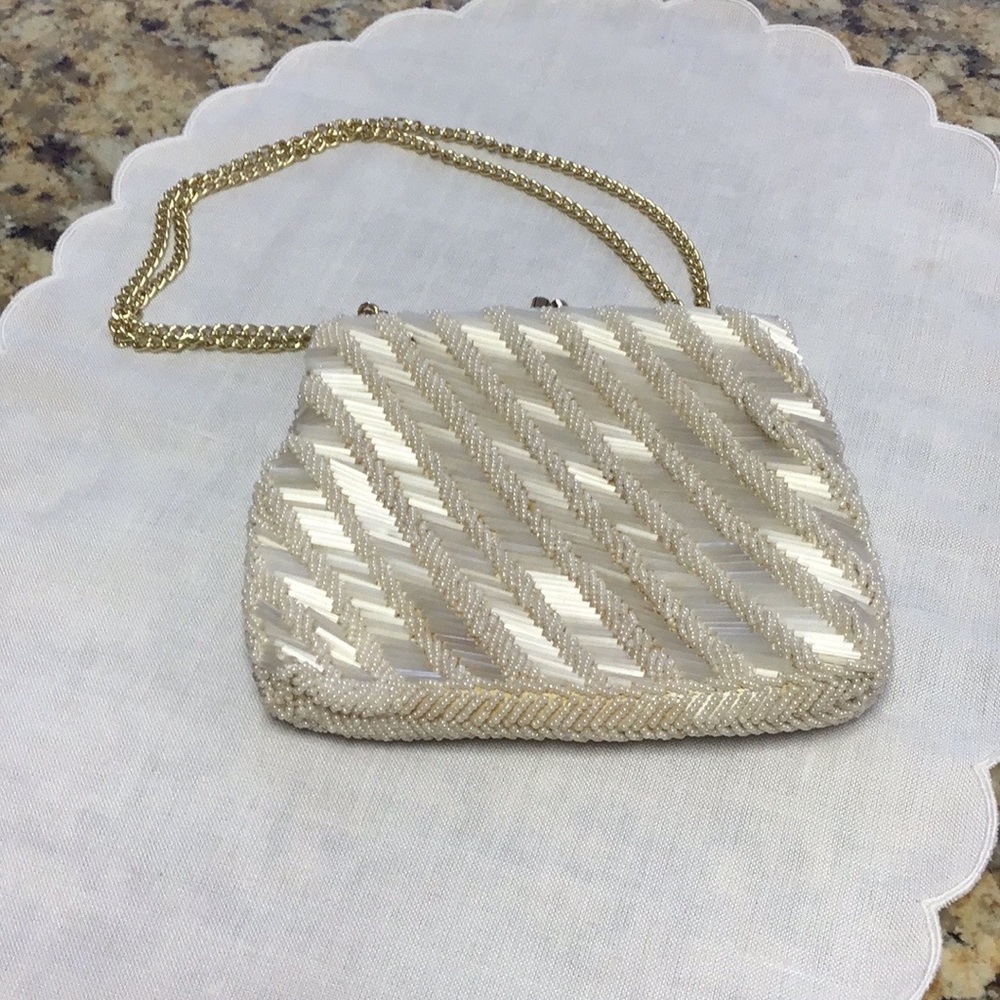 Vintage Beaded Evening Bag Cream colour.
